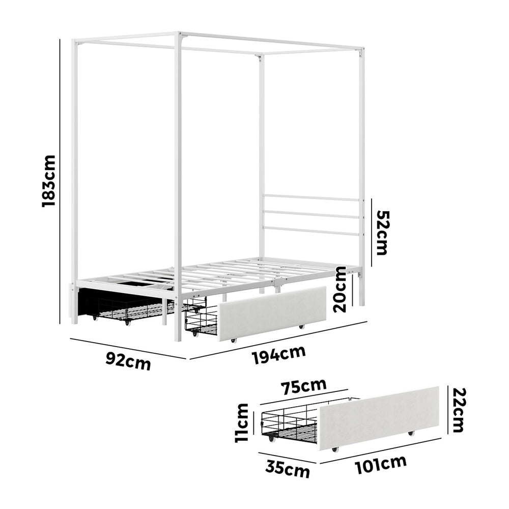 Canopy Single Bed Frame with 2 Drawers White