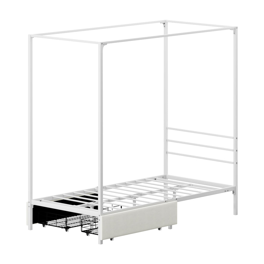 Canopy Single Bed Frame with 2 Drawers White