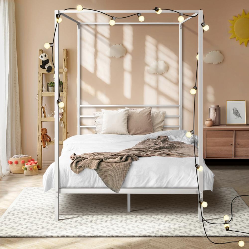 Metal Canopy Bed Frame Single Size White