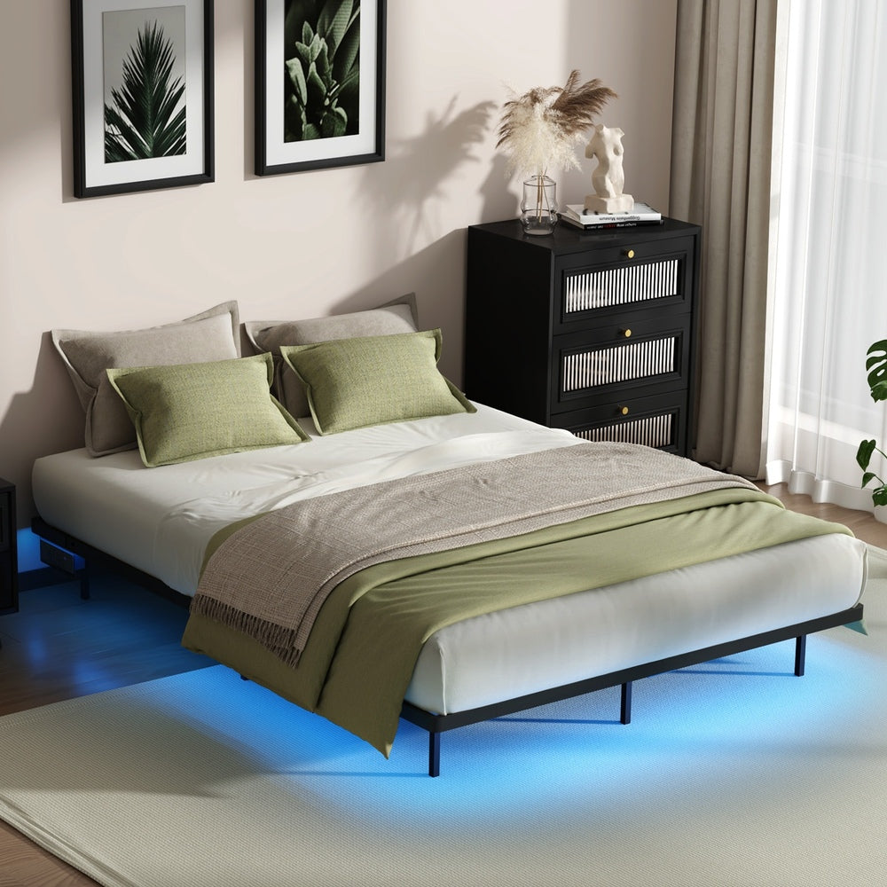 Oikiture Floating Double Metal Bed Frame LED Light AC USB Black