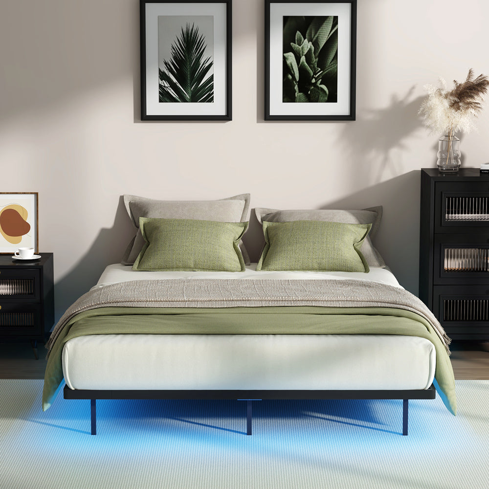 Oikiture Floating Double Metal Bed Frame LED Light AC USB Black