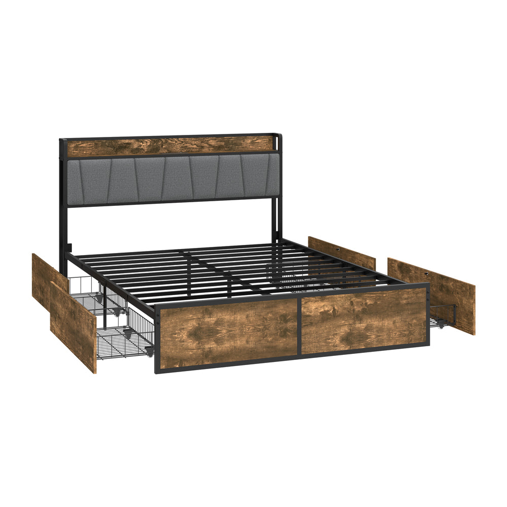 Double Metal Bed Frame Storage Headboard AC USB Charge