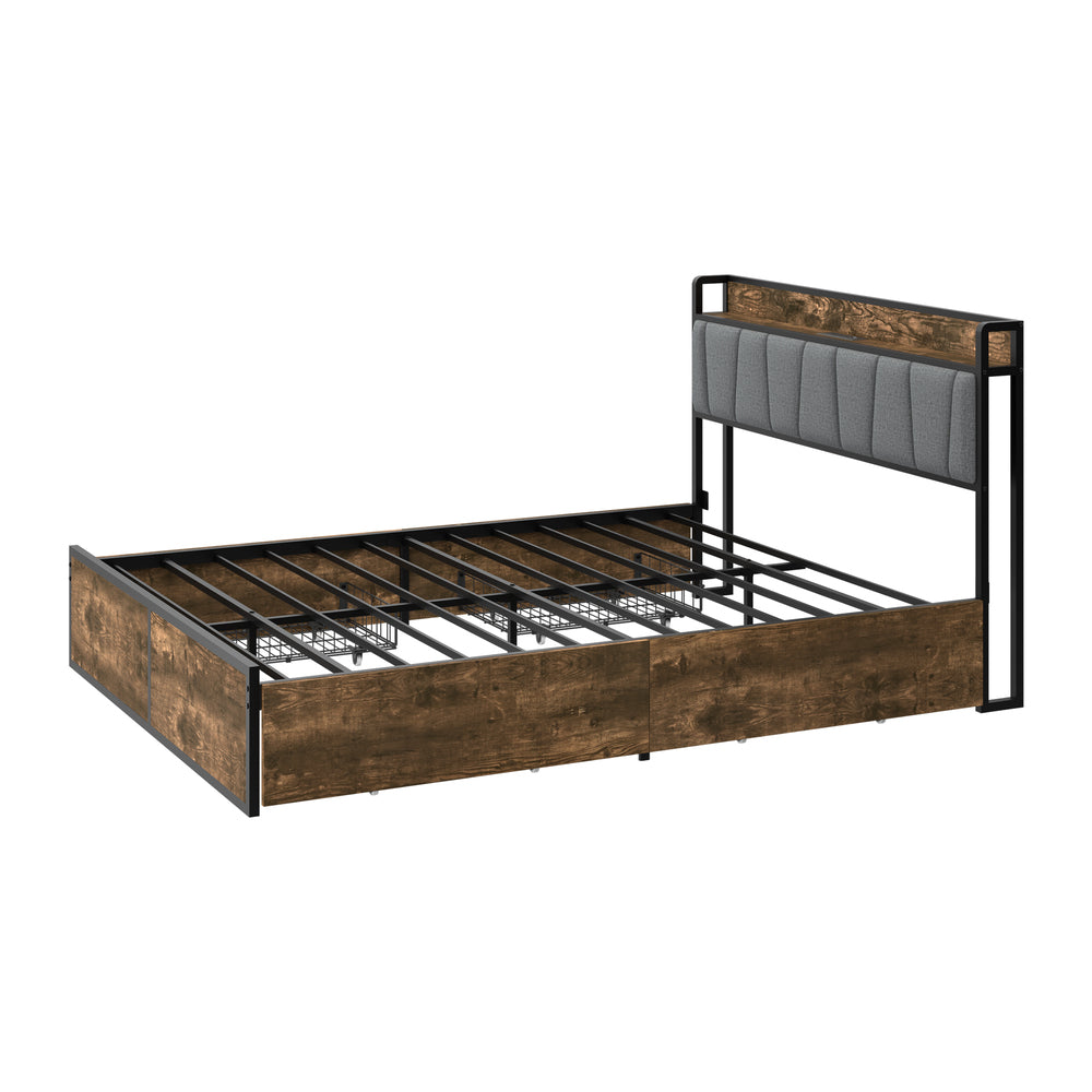 Double Metal Bed Frame Storage Headboard AC USB Charge