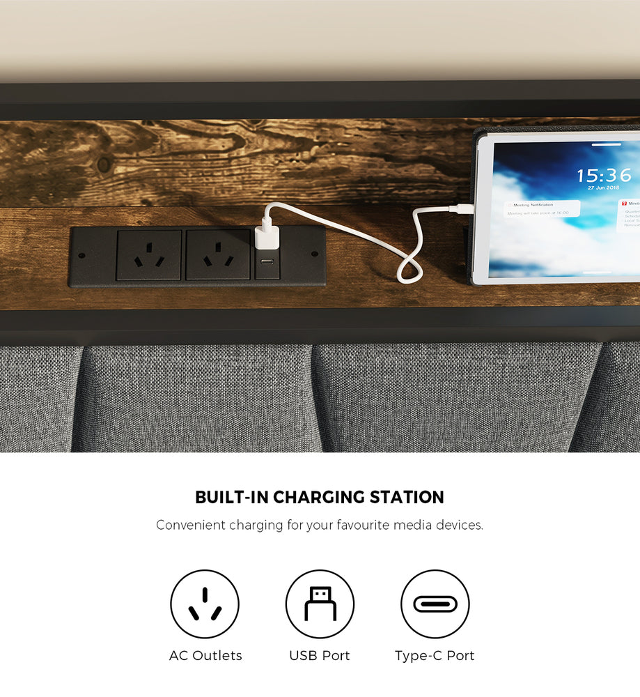 Double Metal Bed Frame Storage Headboard AC USB Charge