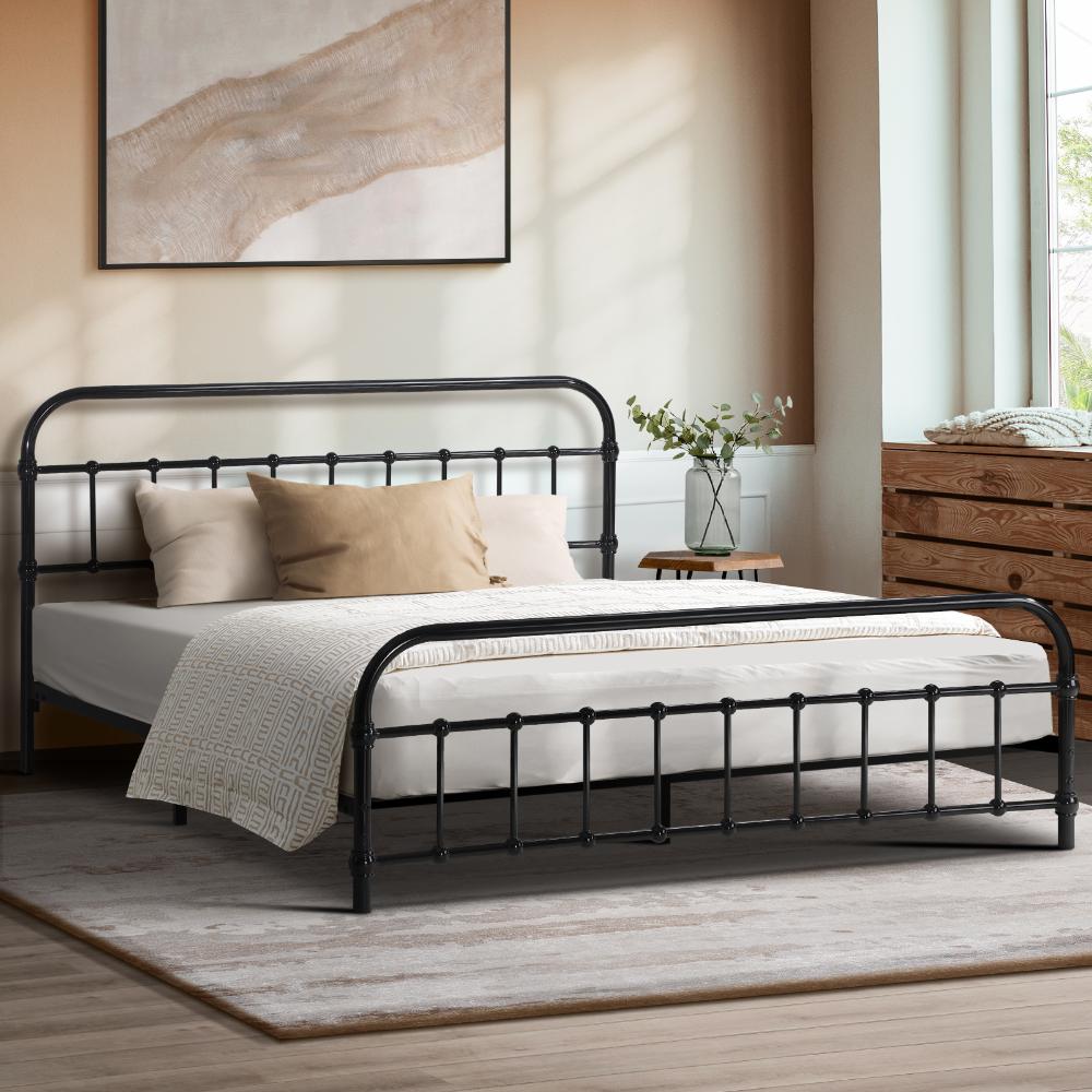 Metal Bed Frame Double Size Railing-style Black