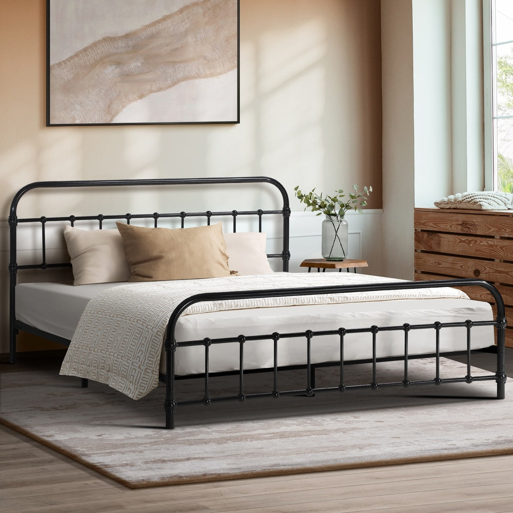Metal Bed Frame Queen Size Railing-style Black