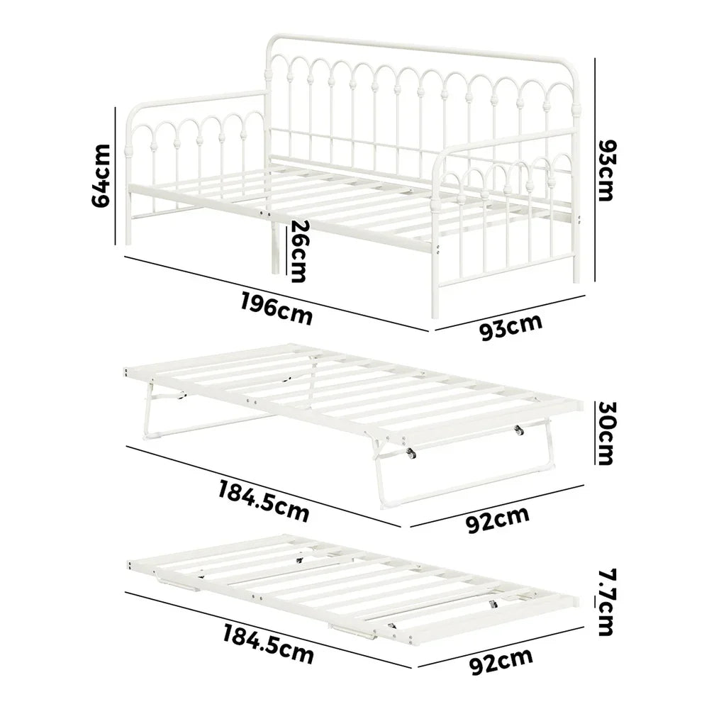 Trundle Bed Frame Daybed Single Size Base Metal Beige