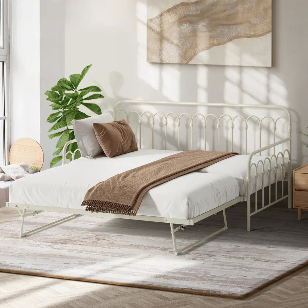 Trundle Bed Frame Daybed Single Size Base Metal Beige
