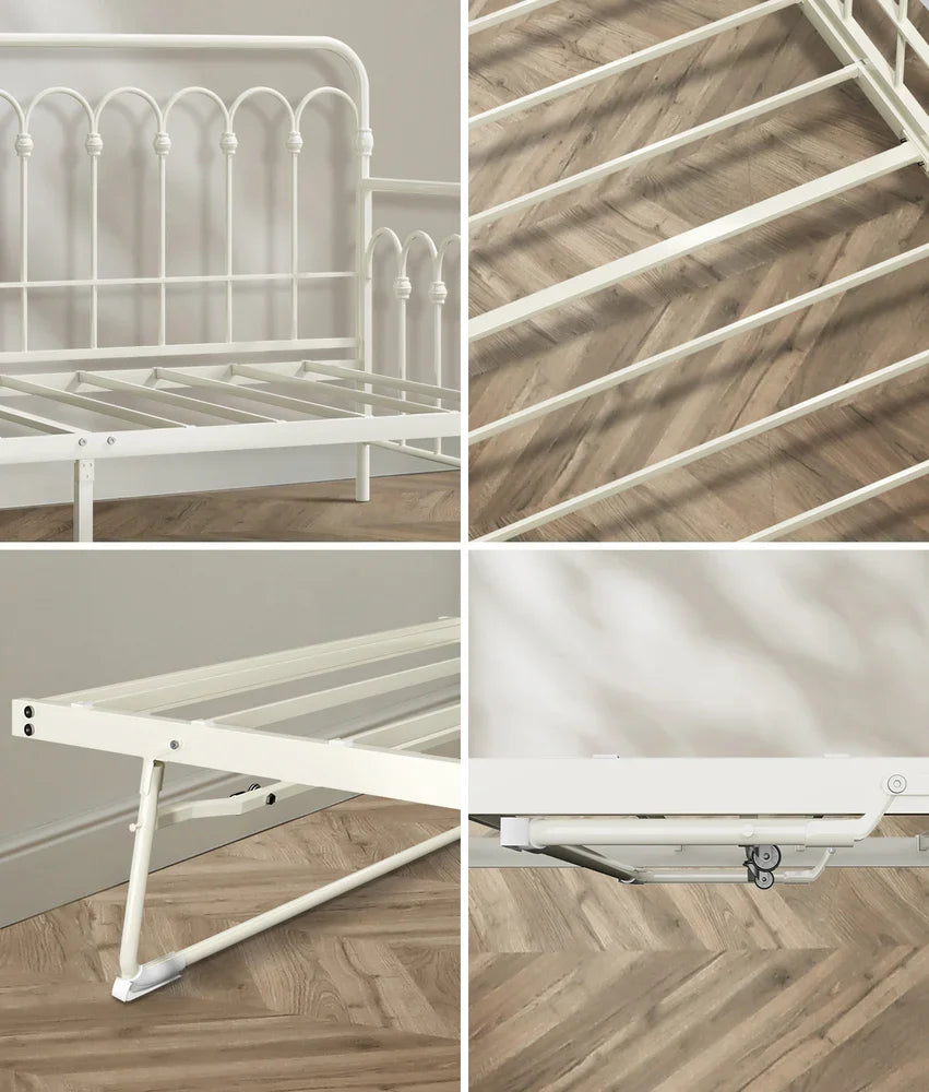 Trundle Bed Frame Daybed Single Size Base Metal Beige