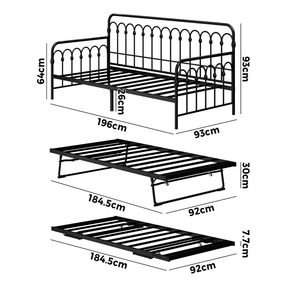 Trundle Bed Frame Daybed Single Size Base Metal Black