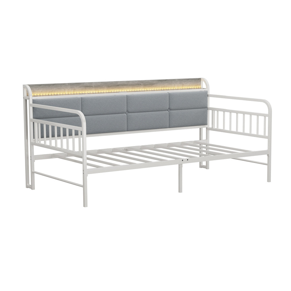 Oikiture Single Metal Daybed Frame with LED Headboard USB Charging Shelf White