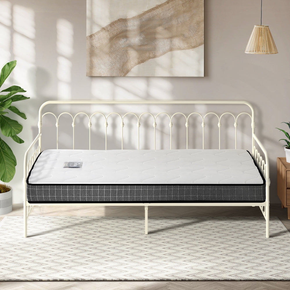 Oikiture Metal Daybed Frame Single Size Sofa Bed with Mattress Beige