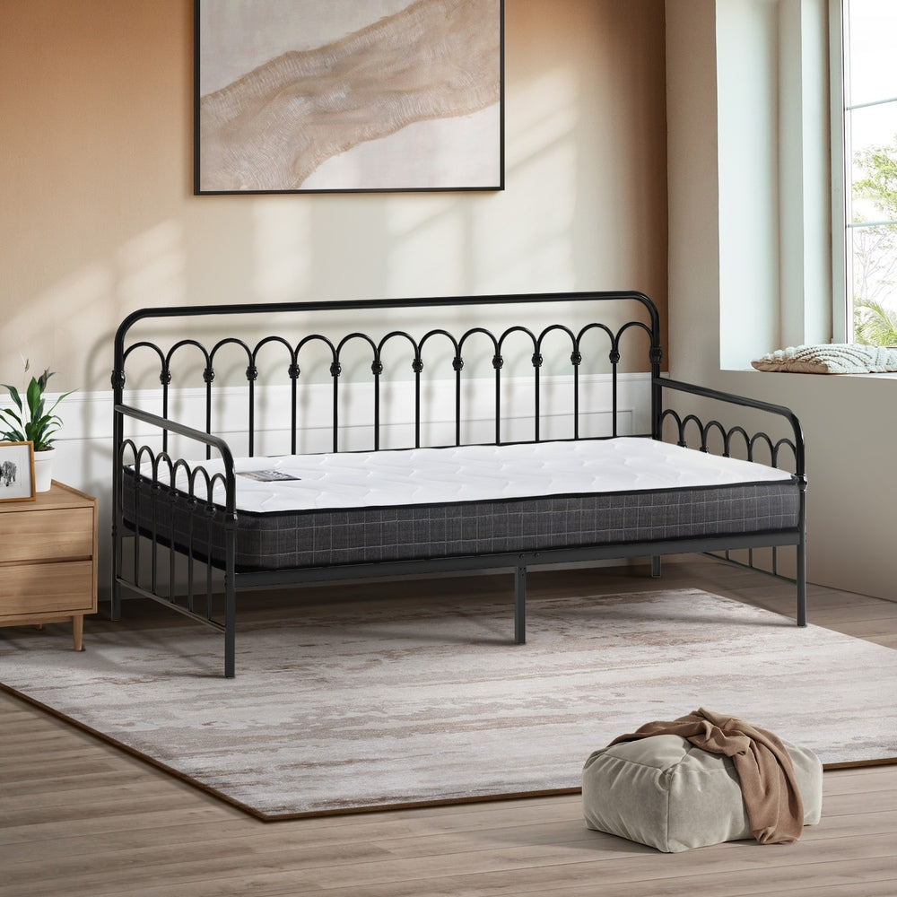 Oikiture Metal Daybed Frame Single Size Sofa Bed with Mattress Black