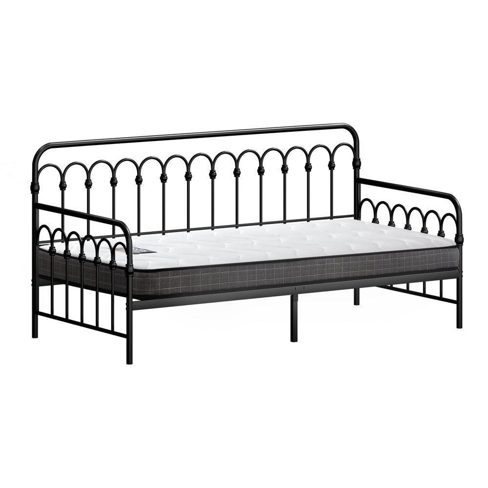 Oikiture Metal Daybed Frame Single Size Sofa Bed with Mattress Black