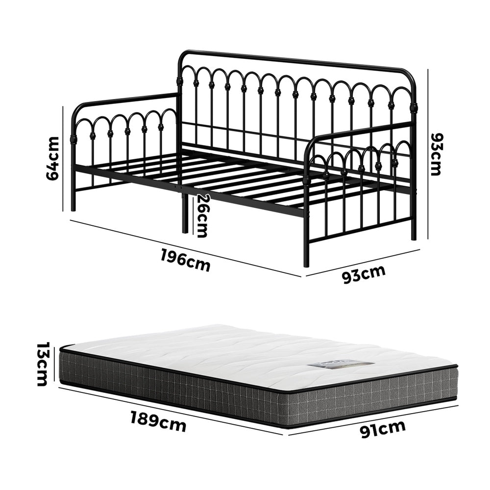 Oikiture Metal Daybed Frame Single Size Sofa Bed with Mattress Black