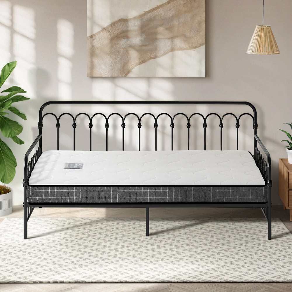 Oikiture Metal Daybed Frame Single Size Sofa Bed with Mattress Black