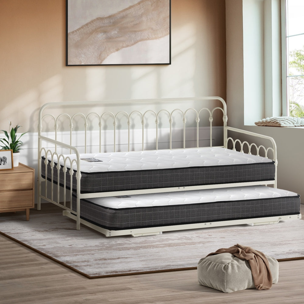 Trundle Bed Frame Daybed Single Size Beige with Mattress x2