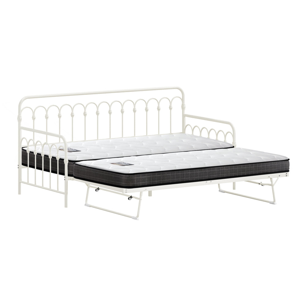 Trundle Bed Frame Daybed Single Size Beige with Mattress x2