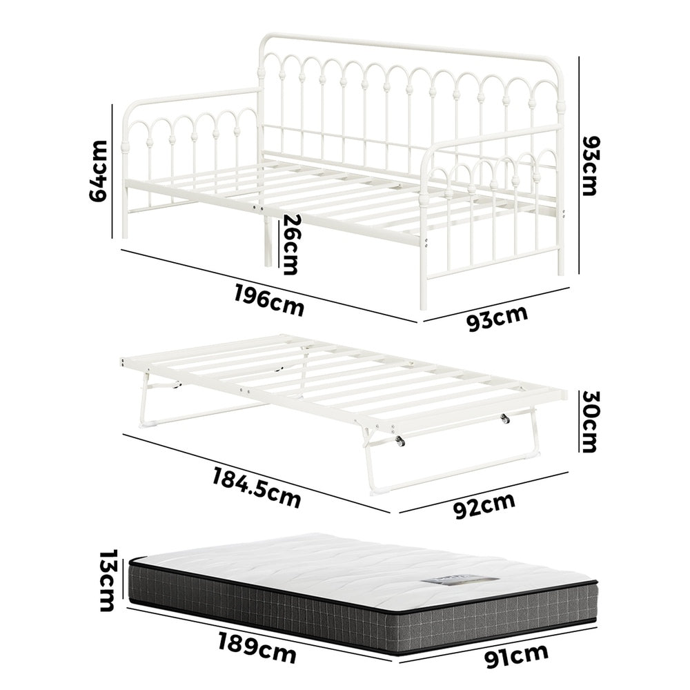 Trundle Bed Frame Daybed Single Size Beige with Mattress x2