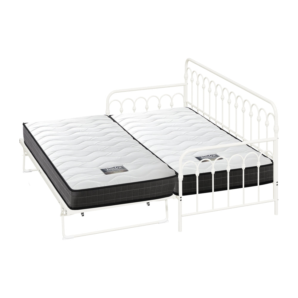 Trundle Bed Frame Daybed Single Size Beige with Mattress x2