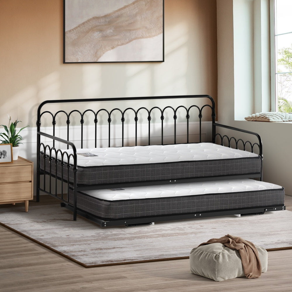 Trundle Bed Frame Daybed Single Size Black with Mattress x2