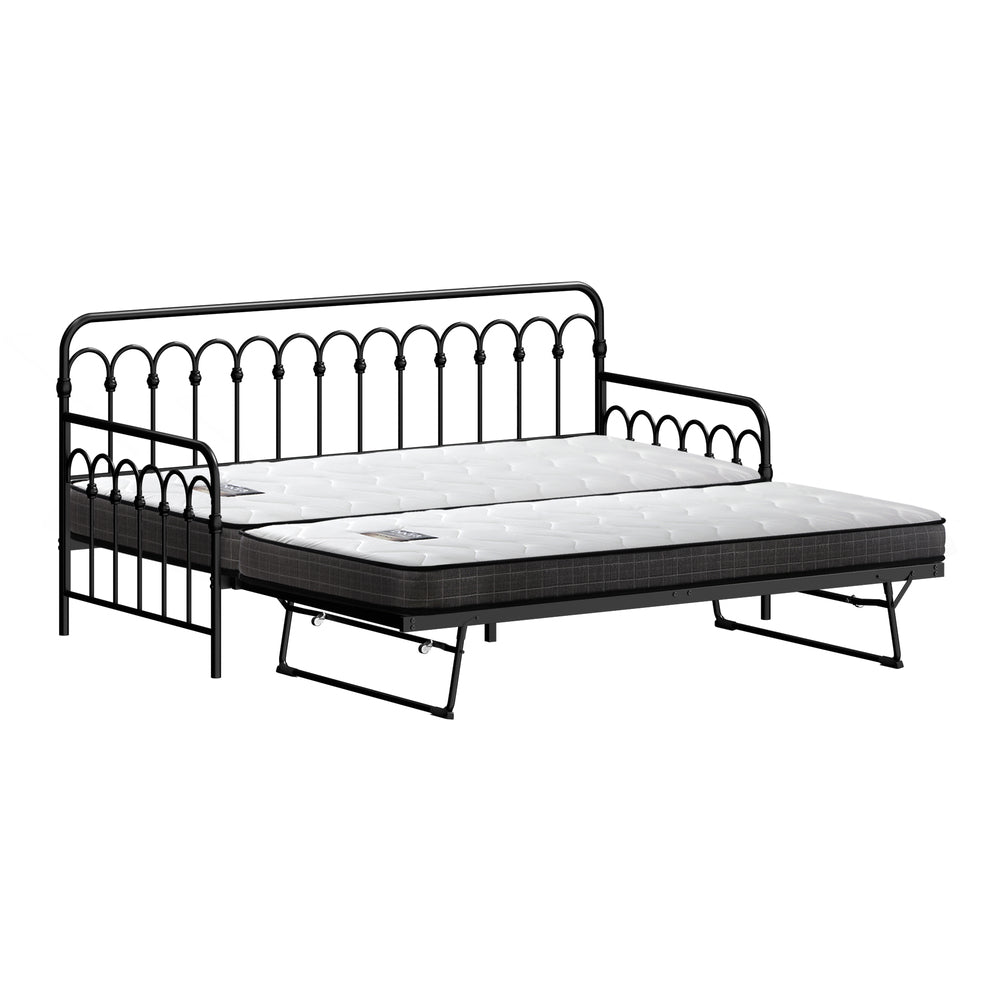 Trundle Bed Frame Daybed Single Size Black with Mattress x2