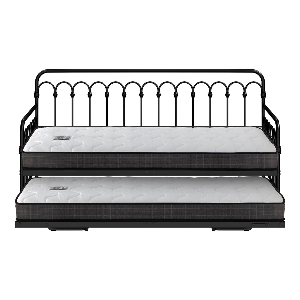 Trundle Bed Frame Daybed Single Size Black with Mattress x2