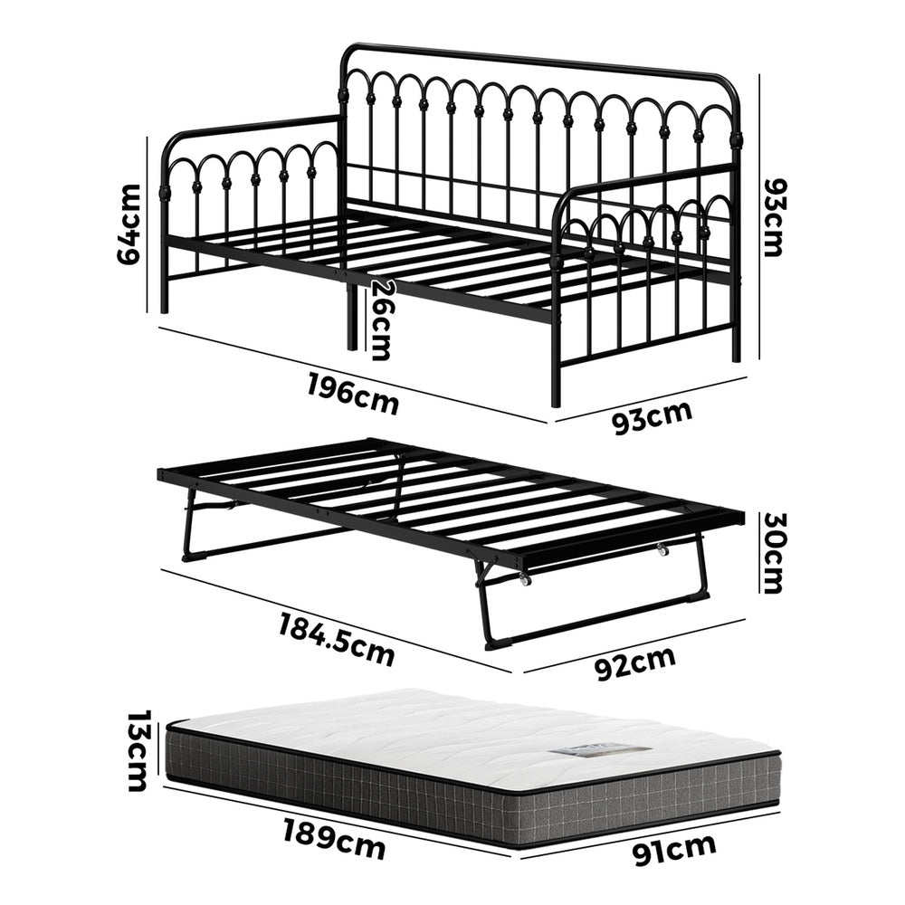 Trundle Bed Frame Daybed Single Size Black with Mattress x2