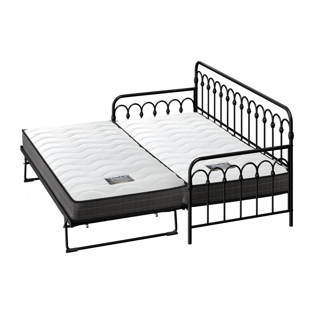 Trundle Bed Frame Daybed Single Size Black with Mattress x2
