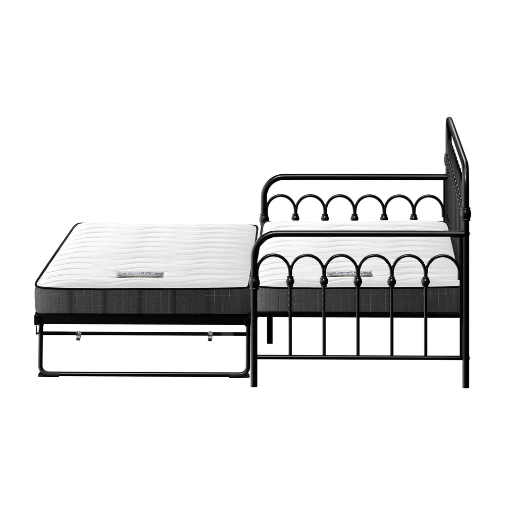 Trundle Bed Frame Daybed Single Size Black with Mattress x2