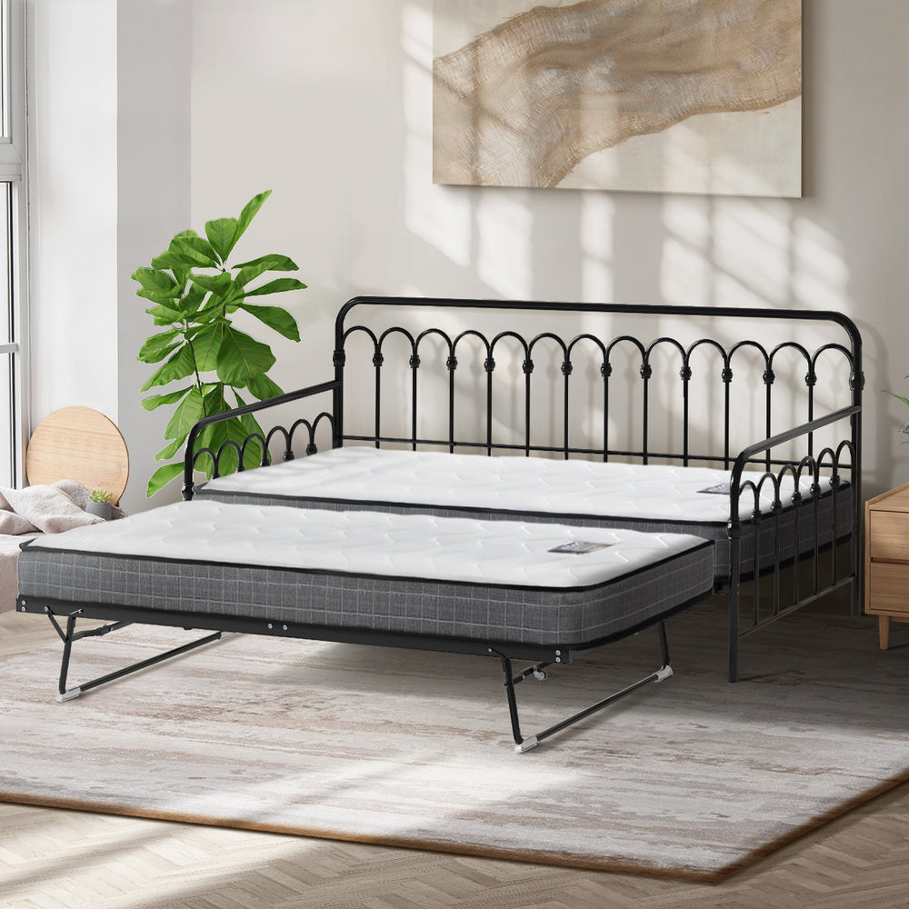 Trundle Bed Frame Daybed Single Size Black with Mattress x2