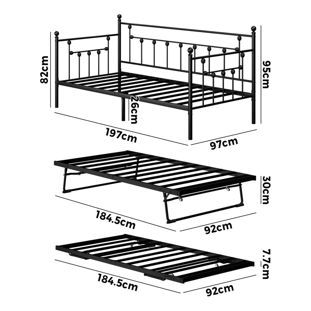 Trundle Bed Frame Single Size Metal 2x Single Beds Black