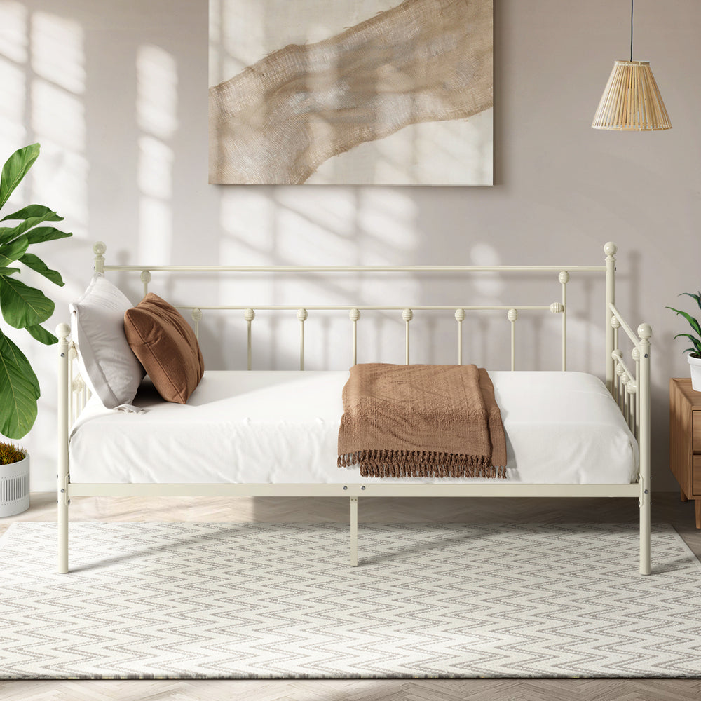Metal Daybed Frame Single Size Steel Slat Sofa Bed Beige