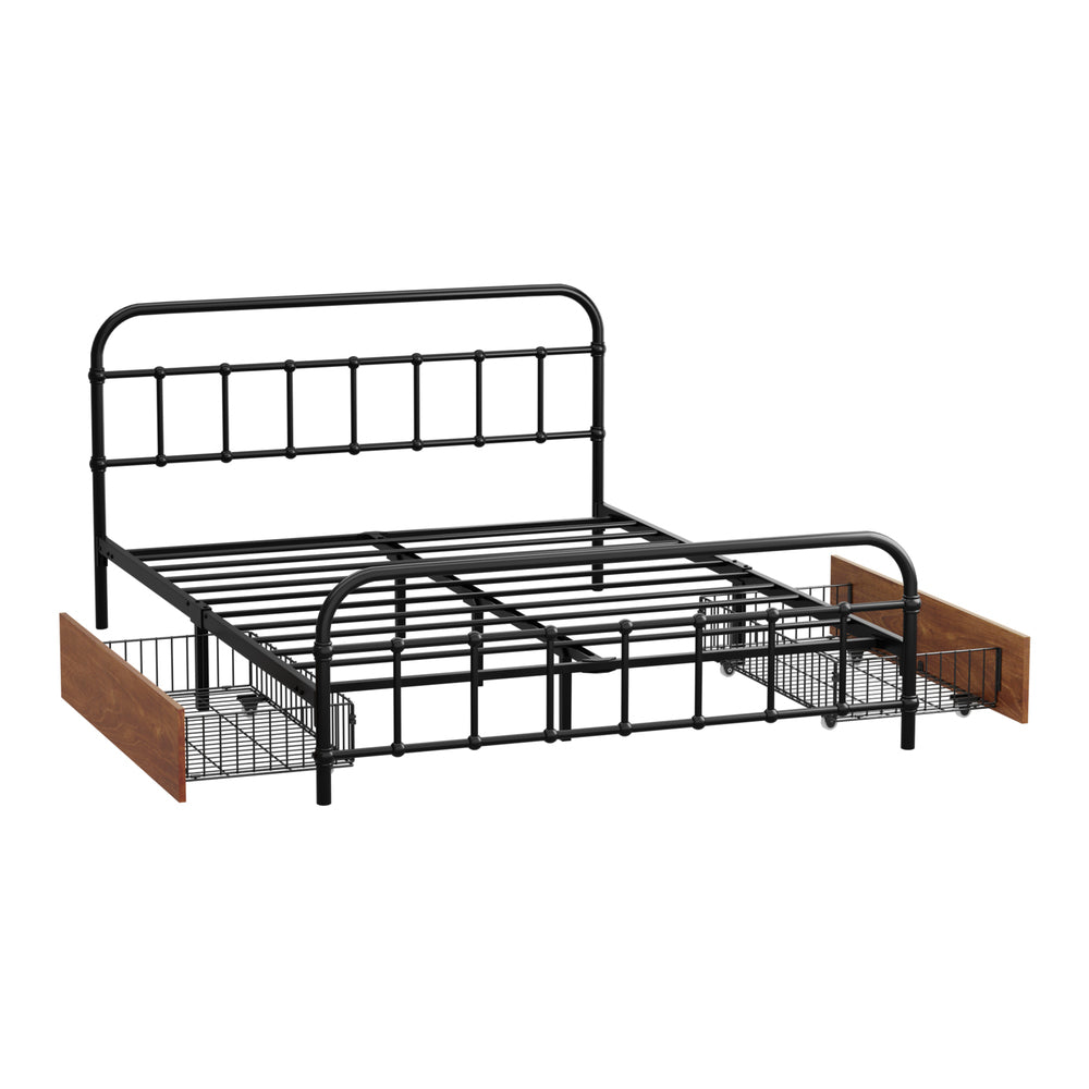 Oikiture Metal Bed Frame Double Size Bed Base with 2 Drawers Black