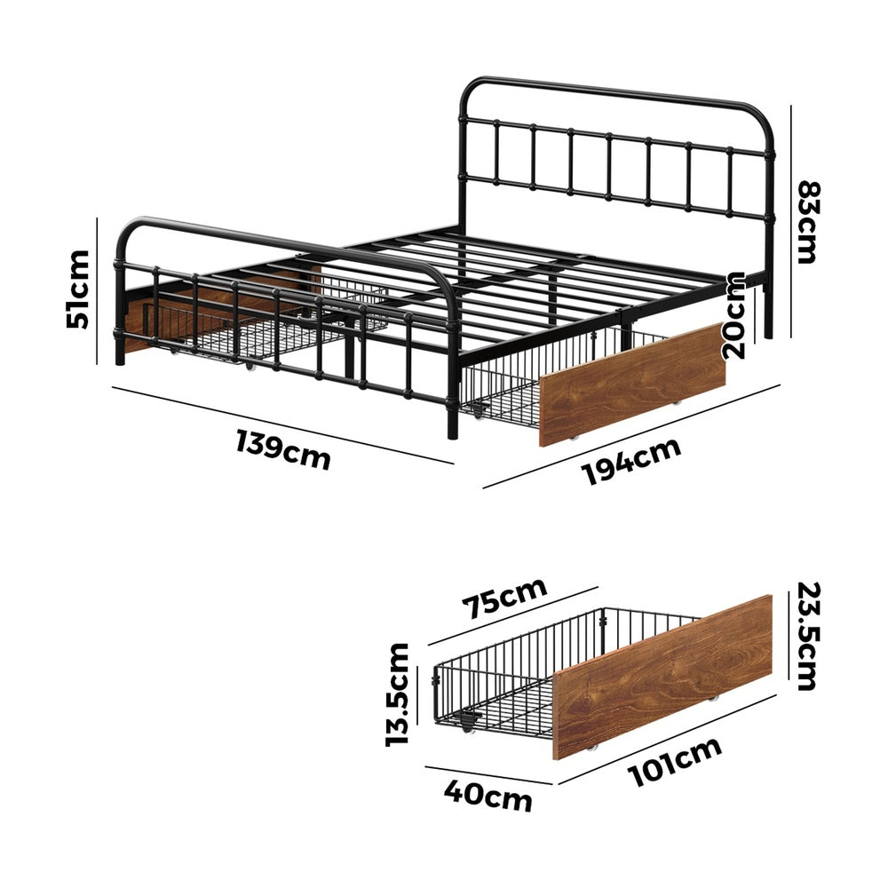 Oikiture Metal Bed Frame Double Size Bed Base with 2 Drawers Black