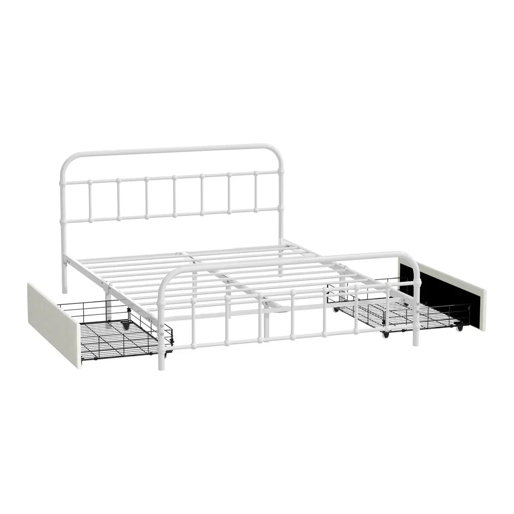 Vintage Metal Bed Frame Double – Scrollwork, 2 Drawers, 300kg Capacity, White