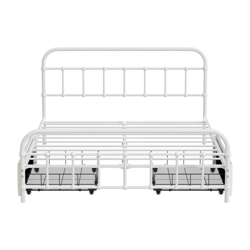 Vintage Metal Bed Frame Double – Scrollwork, 2 Drawers, 300kg Capacity, White