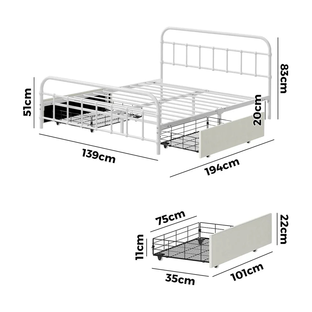 Vintage Metal Bed Frame Double – Scrollwork, 2 Drawers, 300kg Capacity, White