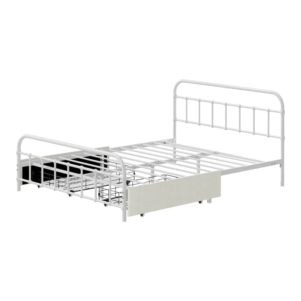 Vintage Metal Bed Frame Double – Scrollwork, 2 Drawers, 300kg Capacity, White