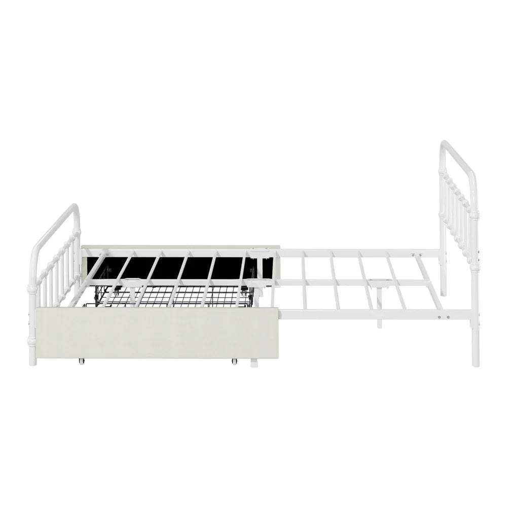 Vintage Metal Bed Frame Double – Scrollwork, 2 Drawers, 300kg Capacity, White