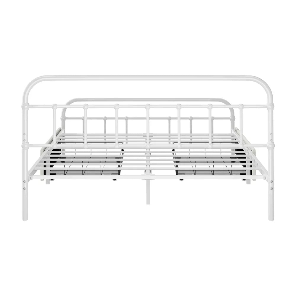 Vintage Metal Bed Frame Double – Scrollwork, 2 Drawers, 300kg Capacity, White