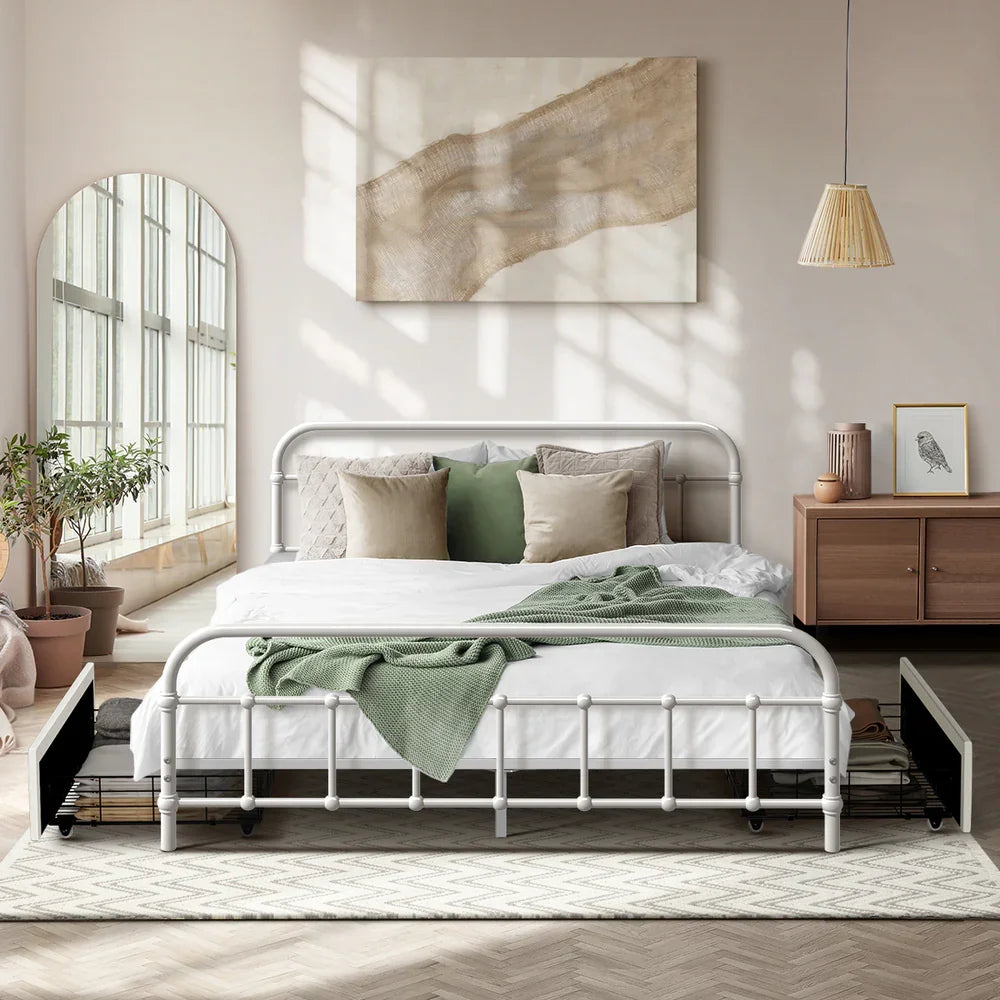 Vintage Metal Bed Frame Double – Scrollwork, 2 Drawers, 300kg Capacity, White