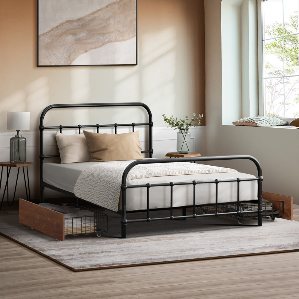 Oikiture Metal Bed Frame King Single Bed Base with 2 Drawers Black