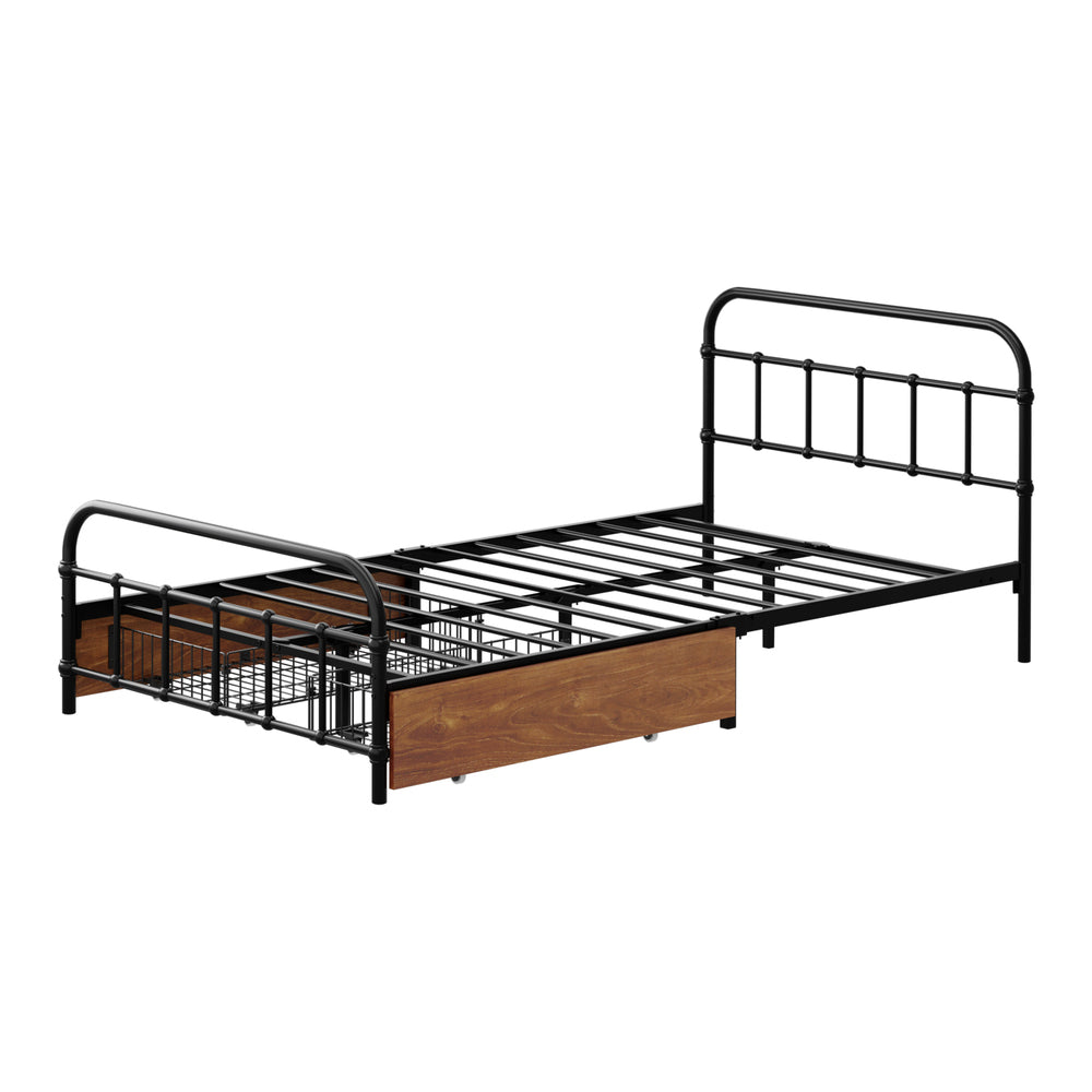 Oikiture Metal Bed Frame King Single Bed Base with 2 Drawers Black