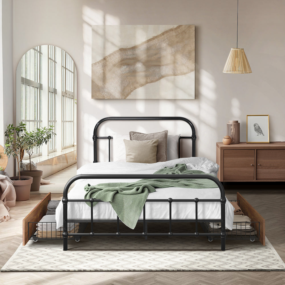 Oikiture Metal Bed Frame King Single Bed Base with 2 Drawers Black