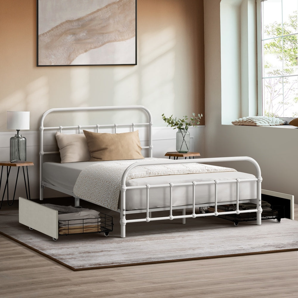 Vintage Metal Bed Frame – King Single, 2 Drawers, Scrollwork, White
