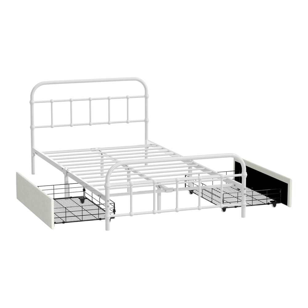Vintage Metal Bed Frame – King Single, 2 Drawers, Scrollwork, White