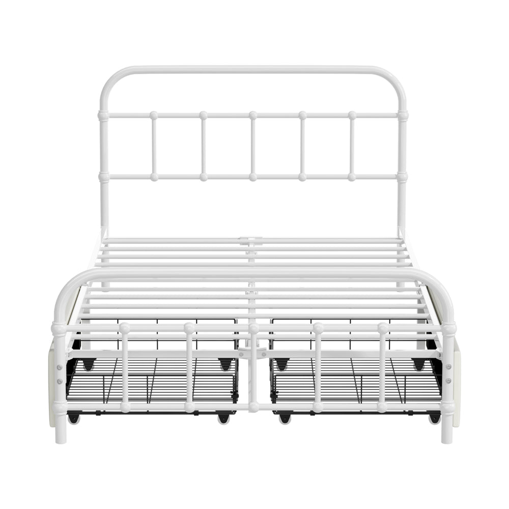 Vintage Metal Bed Frame – King Single, 2 Drawers, Scrollwork, White