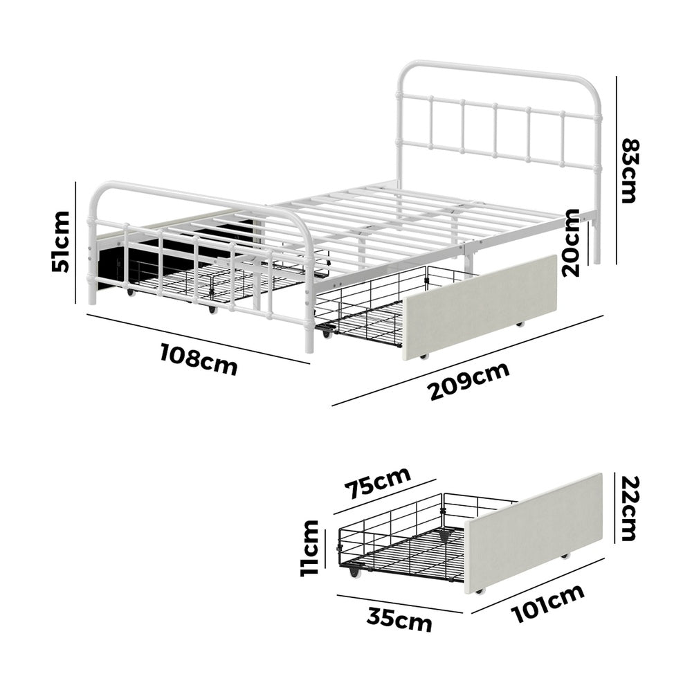 Vintage Metal Bed Frame – King Single, 2 Drawers, Scrollwork, White