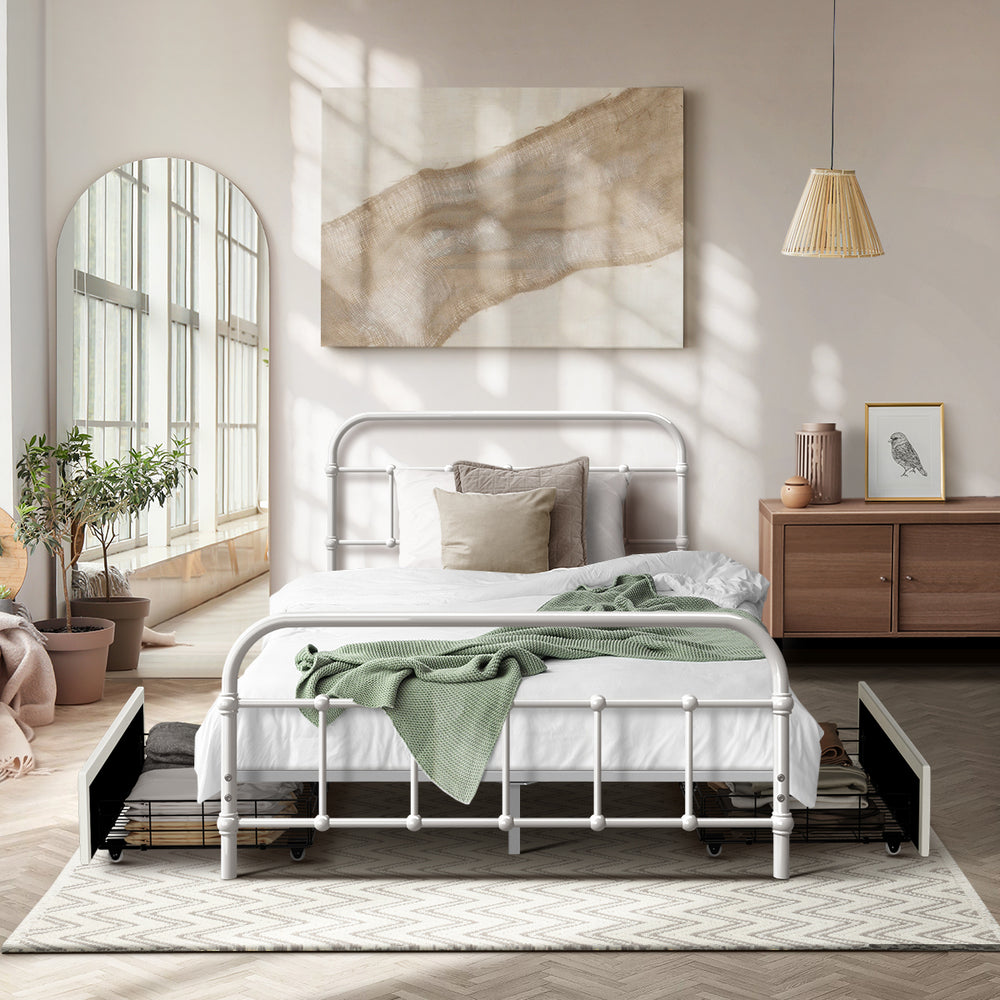 Vintage Metal Bed Frame – King Single, 2 Drawers, Scrollwork, White